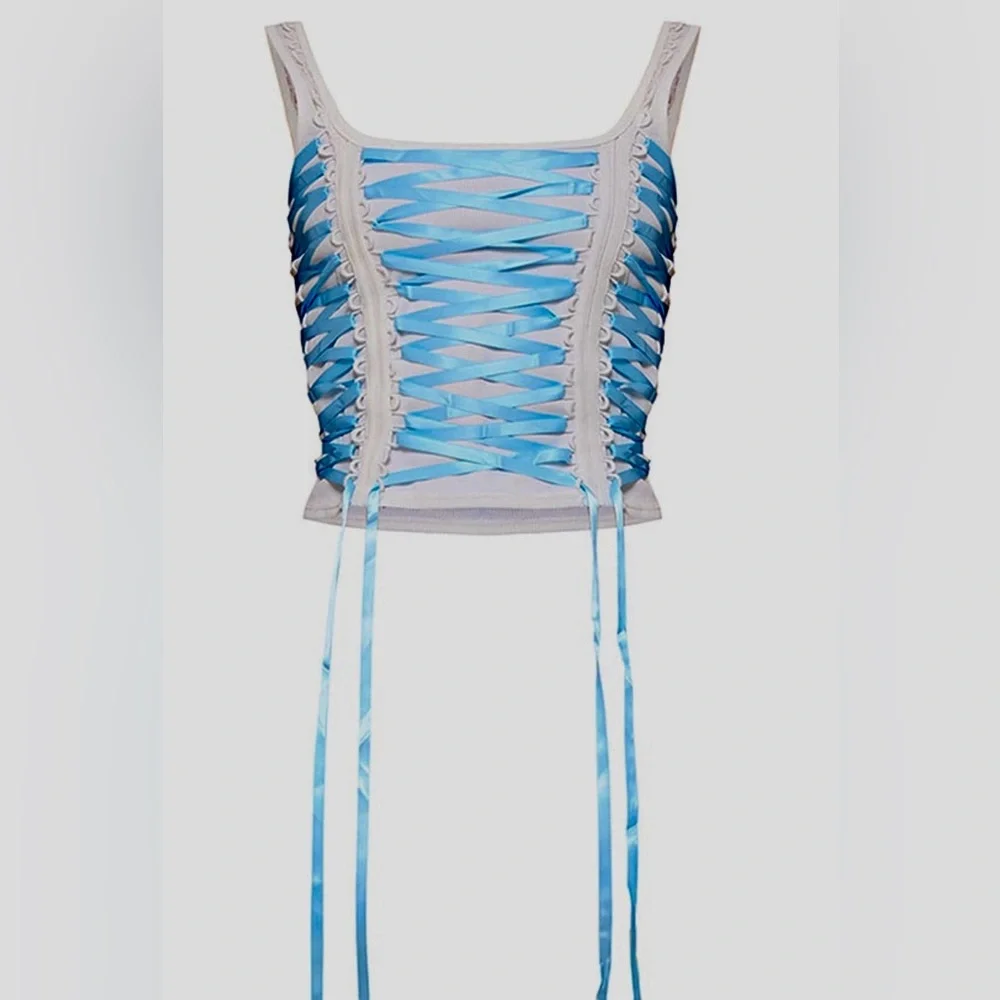 Blue Ribbon lace up sleeveless long top 🩵 - Picture 2 of 8